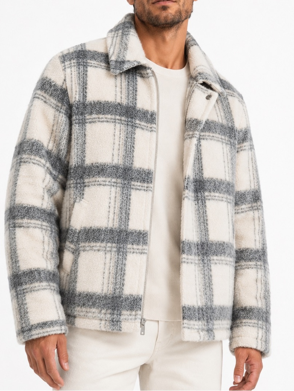 MANIERE DE VOIR Unisex HEAVYWEIGHT Cream & Grey Plaid Jacket Warm Winter Coat